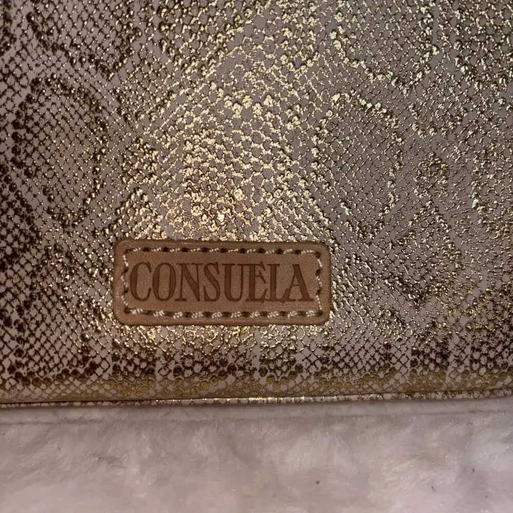 NWT Consuela Leah Large Tool Kit Cosmetic Bag Gold Metallic Snake Print